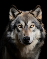 Frontal portrait of a wolf with bright eyes on a black background