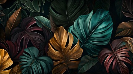 Abstract Background of illustrated Tropical Leaves. Exotic Wallpaper in dark brown Colors