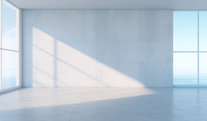3d rendering of empty room with white wall and blue sky background