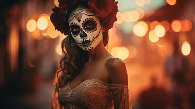 Young Mexican woman dressed for Day of the Dead (Día de los Muertos) celebrations with elaborate makeup including black and white colorful face paint, black eyes and a bouquet of flowers