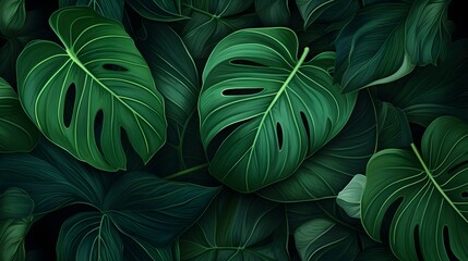 Fototapeta na wymiar Abstract Background of illustrated Tropical Leaves. Exotic Wallpaper in dark green Colors