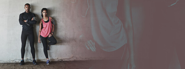 Fitness, couple in mockup and yoga, people training together for health and wellness, banner and overlay. Exercise, pilates with man and woman for workout, friends with double exposure and challenge