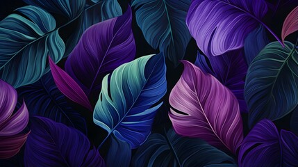 Abstract Background of illustrated Tropical Leaves. Exotic Wallpaper in dark purple Colors