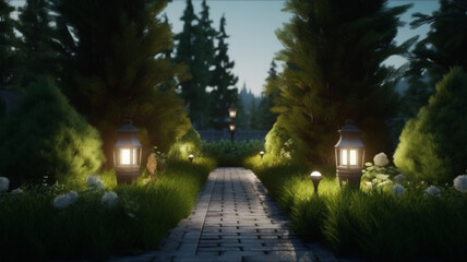 Obraz premium park landscape with green plants, pine bushes and trees with flowers illuminated by street lamps in perspective along the garden, created with Generative AI Technology.