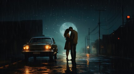 Lovers Embracing in the night illuminating street lights