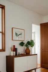 interior with wooden frame on a dark pale red wall, a sideboard and a pot with a monstera plant