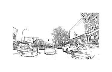 Building view with landmark of Saratoga Springs is the city in New York State. Hand drawn sketch illustration in vector.