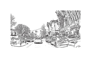 Building view with landmark of Saratoga Springs is the city in New York State. Hand drawn sketch illustration in vector.