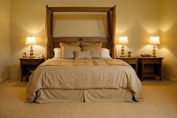 Mediterranean calm relaxing elegant summer bedroom with earthy tones