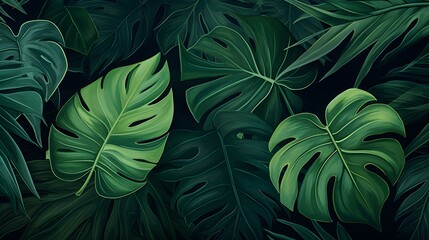 Fototapeta na wymiar Abstract Background of illustrated Tropical Leaves. Exotic Wallpaper in green Colors