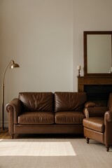 dark living room with a brown leather capitone sofa and a classic bronze floor lamp