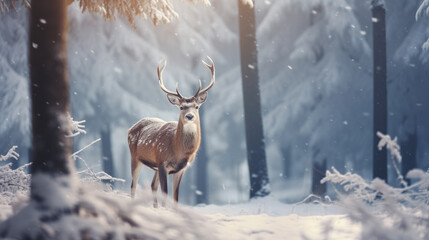 Beautiful Christmas scene with a deer in a winter snowy forest.