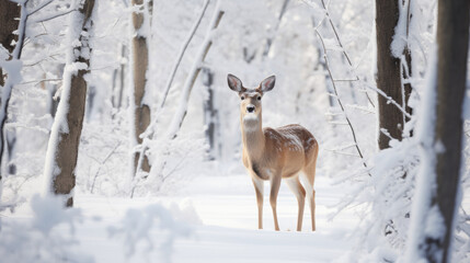 Beautiful Christmas scene with a deer in a winter snowy forest.