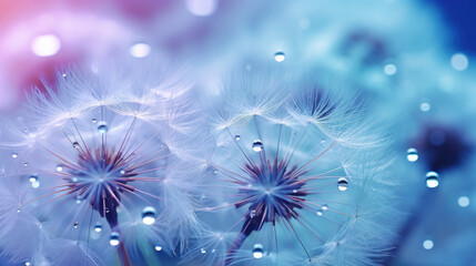 Beautiful dew drops on a dandelion seed macro. Beautiful soft light blue and violet background. Water drops on a parachutes dandelion on a beautiful blue. Soft dreamy tender artistic image form