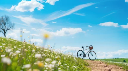Türaufkleber Beautiful spring summer natural landscape with a bicycle on a flowering meadow against a blue sky with clouds on a bright sunny day. © Oulailux