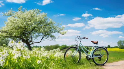 Fototapeten Beautiful spring summer natural landscape with a bicycle on a flowering meadow against a blue sky with clouds on a bright sunny day. © Oulailux