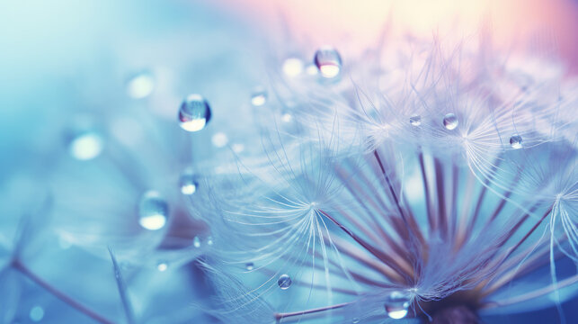 Beautiful dew drops on a dandelion seed macro. Beautiful soft light blue and violet background. Water drops on a parachutes dandelion on a beautiful blue. Soft dreamy tender artistic image form