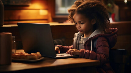Young Afro-American Girl Using a Laptop, Generated AI