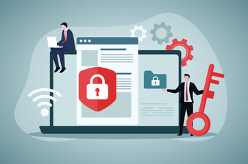 Tiny people protecting social media accounts with shield. Persons networking with phone or laptop flat vector illustration. Cyber security concept for banner, website design or landing web page - obrazy, fototapety, plakaty