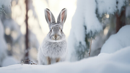 Cute gray hare in a beautiful snowy winter forest. AI generated.