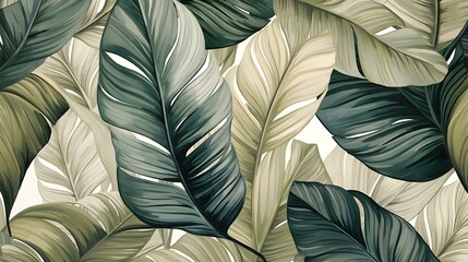 Abstract Background of illustrated Tropical Leaves. Exotic Wallpaper in khaki Colors
