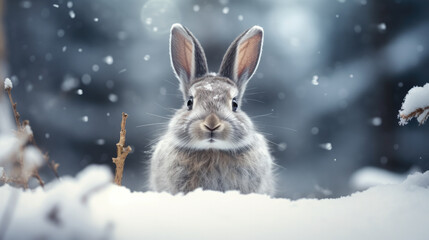 Cute gray hare in a beautiful snowy winter forest. AI generated.