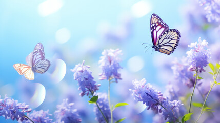 Floral spring natural blue background with fluffy airy lilac flowers on meadow and fluttering butterflies on blue sky background. - obrazy, fototapety, plakaty