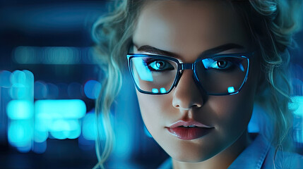 Close up face of professional it specialist female wear glasses using device writing code computer network maintenance. Generative Ai