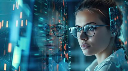 Close up face of professional it specialist female wear glasses using device writing code computer network maintenance. Generative Ai