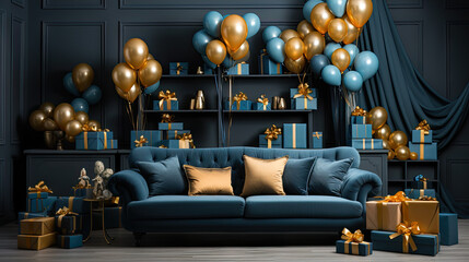 Luxury Room with Blue Sofa full of Christmas Gifts Balloons - Background
