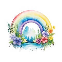 Naklejka premium Watercolor rainbow illustration, floral art, clipart, single element for design on white background