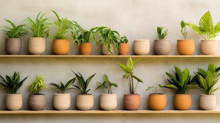 Plants in pots at wall background, realistic houseplants potted in flowerpots in row, many plants in pots by AI generative