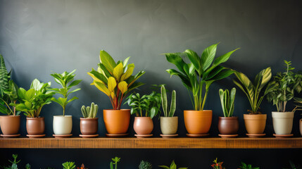Plants in pots at wall background, realistic houseplants potted in flowerpots in row, many plants in pots by AI generative