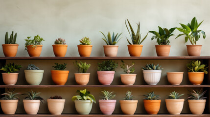 Fototapeta na wymiar Plants in pots at wall background, realistic houseplants potted in flowerpots in row, many plants in pots by AI generative