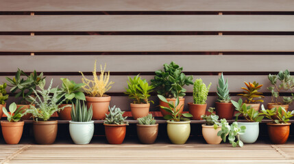 Plants in pots at wall background, realistic houseplants potted in flowerpots in row, many plants in pots by AI generative