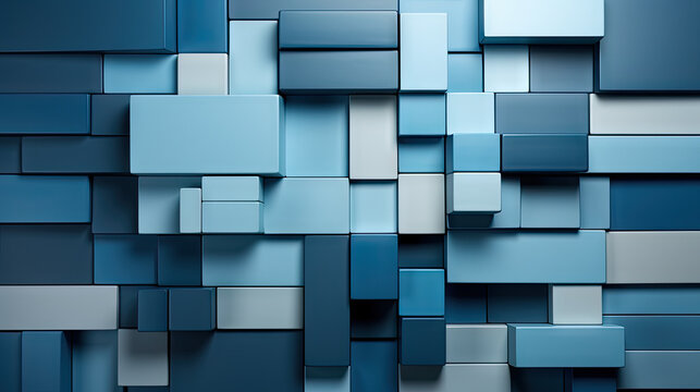 3D blocks of different shapes and sizes interlock to create a wall, Blue Business background - Powered by Adobe