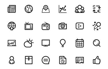 Set of thin icons of news and media. Outline the symbol collection. Editable vector.