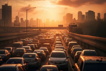Traffic jam during sunset - obrazy, fototapety, plakaty