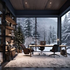 Inside the modern loft office there is a beautiful view outside. The images are created with AI.