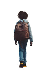 small black girl going to school with her brown leather backpack and winter jacket. jeans. black power afro hairstyle. 