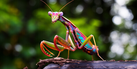 colorful praying mantis on a tree, praying mantis on a branch, praying mantis - obrazy, fototapety, plakaty