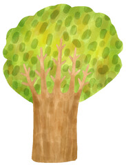 Big tree. Cute childish style. Hand drawn illustration isolated on white background. Watercolor ,pastel, crayons, oil pastel and chalk painting