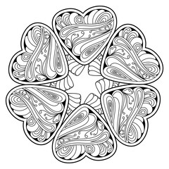Mandala. Vintage decorative elements. Coloring pages for adults and children. Background with hearts. Doodle Linear art. Hand drawn vector illustration