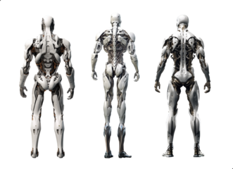3d rendered illustration of a robot, soldier, cyborg, humanoid, sci-fi futuristic full view. back view. collection. ominous. 