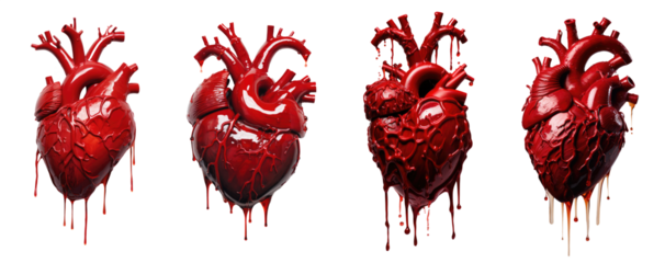 bloody human anatomy heart collection. dripping red blood. transparent background PNG. capillaries, circulatory system, cardiovascular health, pulse, pulsing, hypertension, atherosclerosis