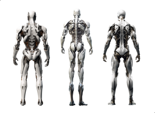 3d rendered illustration of a robot, soldier, cyborg, humanoid, sci-fi futuristic full view. back view. collection. ominous. 