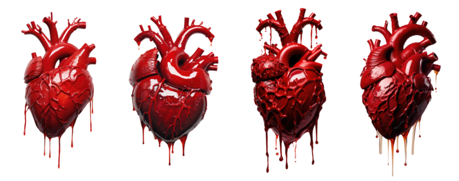 bloody human anatomy heart collection. dripping red blood. transparent background PNG. capillaries, circulatory system, cardiovascular health, pulse, pulsing, hypertension, atherosclerosis
