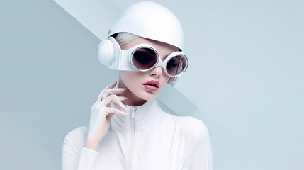 Fashion retro futuristic girl on background