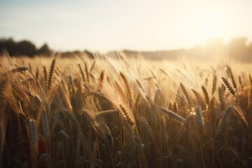 Golden harvest. Bounty of wheat in summer sunset. Rural riches. Fields of golden wheat under setting sun. Cultivating abundance. Beauty of wheat in countryside