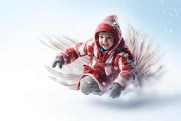 Rear shot and high angle view of a kid on snow christmas theme.
